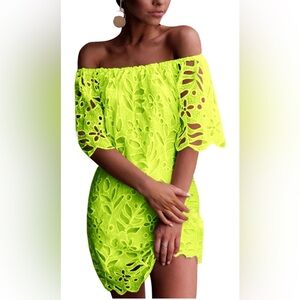 PRETTYGARDEN Off Shoulder Floral Lace FlareShort Sleeve Loose Elegant Mini Dress